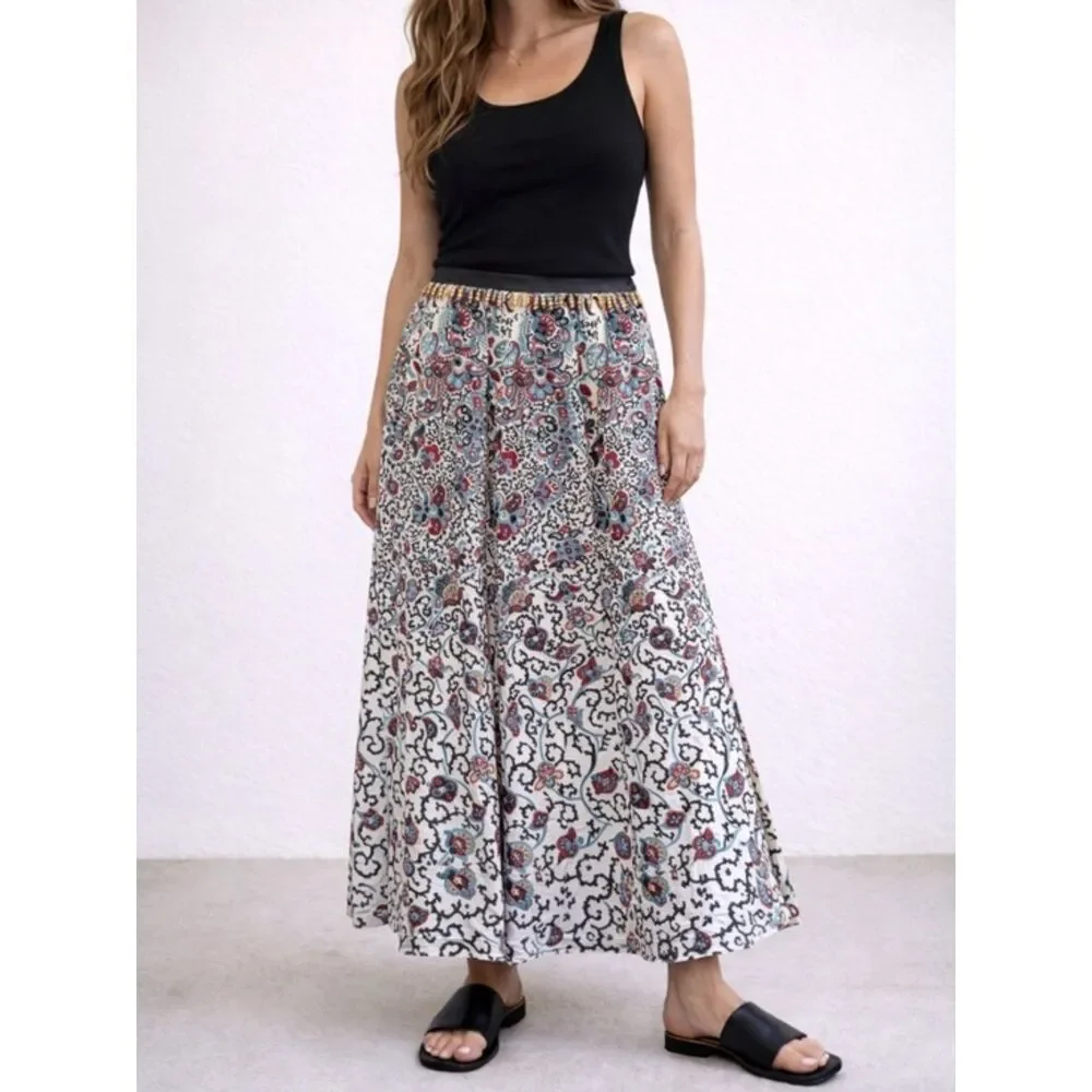 Coldwater Creek Size Medium Maxi Skirt Beaded Trim Peasant Boho Black Red Aqua
